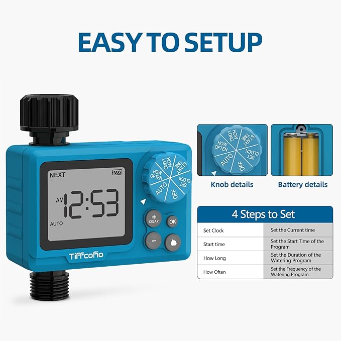 TiFFCOFiO Sprinkler Timer Outdoor, Digital Pogrammable for Garden Hose, Irrigrtion Timer with Rain Delay and Manual Mode (2 Packs)