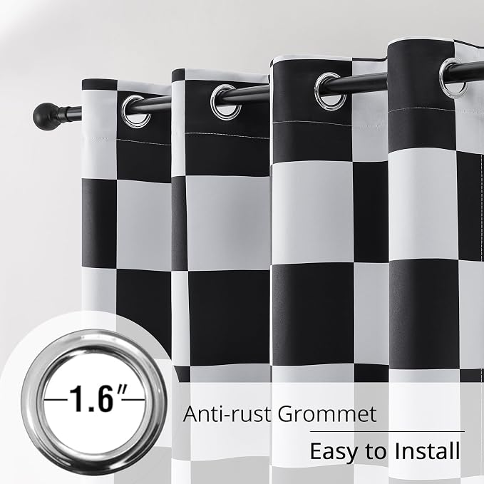 100% Blackout Curtains – Black and White Checkered Race Flag Pattern, 2 Panels, Each W52×L63, Thermal Insulated, Nosie Reducing for Bedroom, Living Room, Race car Drapes