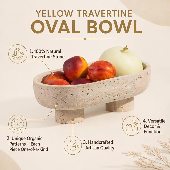 Natural Oval Travertine Fruit Bowl for Kitchen Counter 10",Two-Legged Decorative Bowl & Travertine Decor Pedestal for Dining Table Decor, For Kitchen Fruit Bowl, Potpourri, Dining Table Centerpiece.