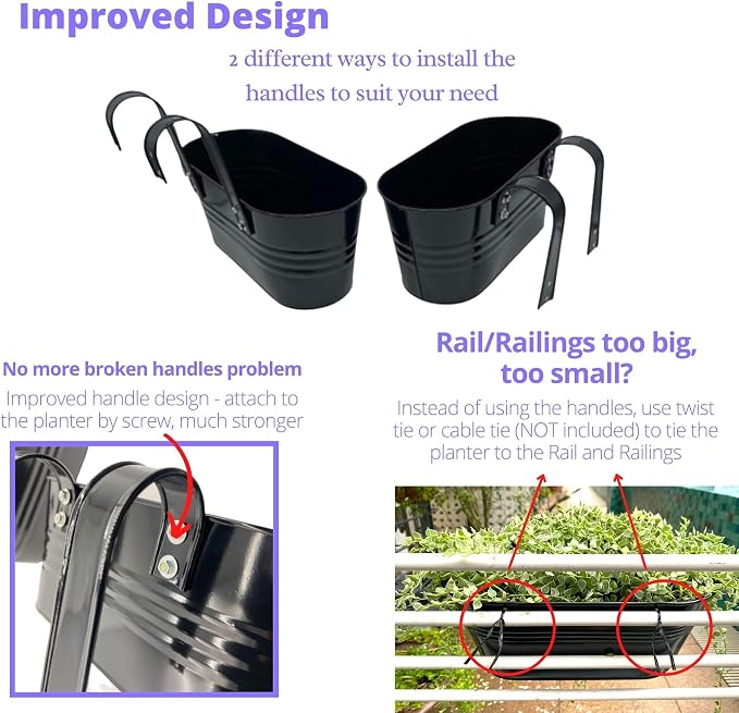 LaLaGreen Outdoor Plants Rail Planter (11.2 Inch, 10 Pack) Black Metal Iron Hanging Flower Pots Deck Railings Fence Buckets Modern Boho Style Wall Mount Window Box Plant Holder Hooks Porch Home Decor