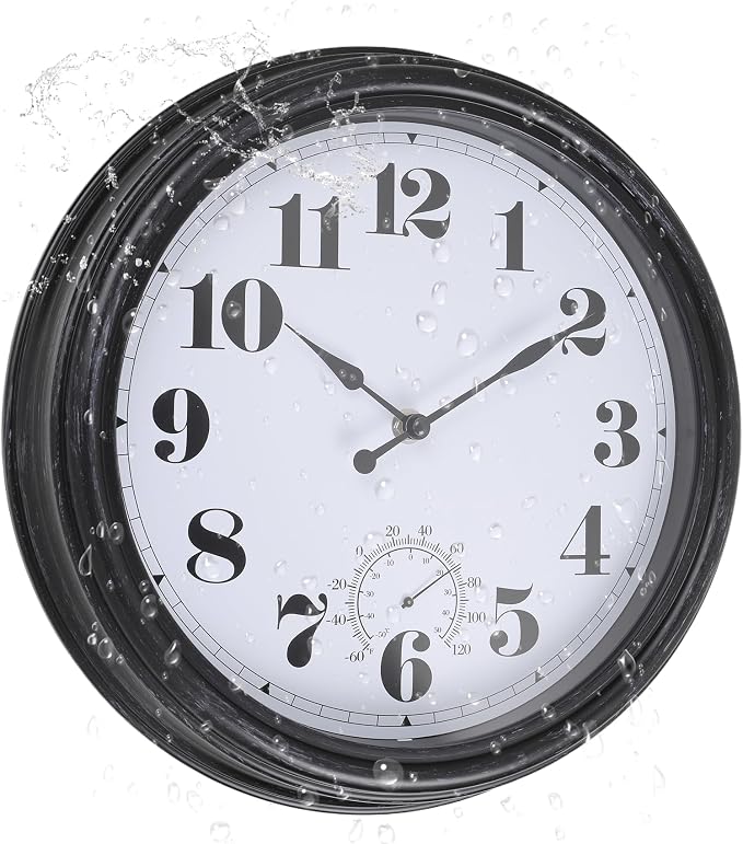 Outdoor Wall Clock 12 Inch Waterproof Outdoor Clocks with Thermometer Wall Clock Battery Operated Non-Ticking for Patio Pool Garden(12Inch, Dark Black)