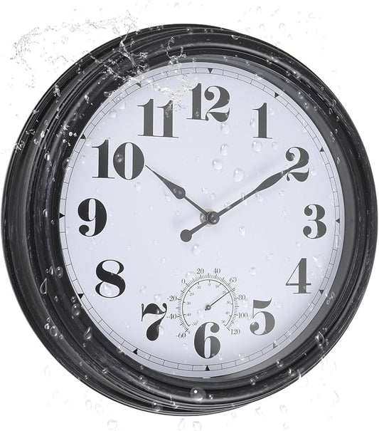 Outdoor Wall Clock 12 Inch Waterproof Outdoor Clocks with Thermometer Wall Clock Battery Operated Non-Ticking for Patio Pool Garden(12Inch, Dark Black)