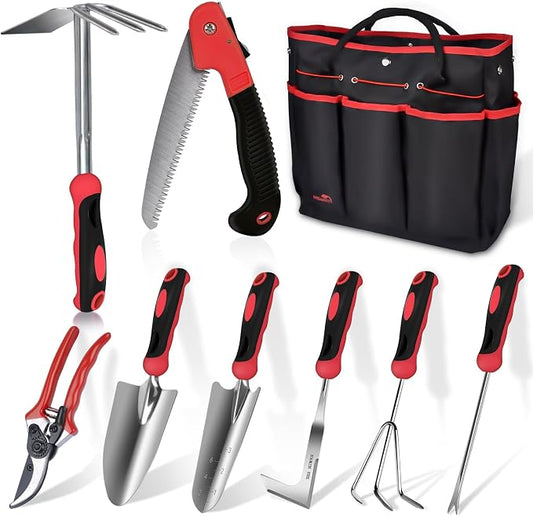 Red Gardening Tools, WisaKey 9 Piece Stainless Steel Heavy Duty Garden Tools with Non-Slip Ergonomic Handle, Garden Tote Bag, Garden kit, Gardening Gifts for Women Mothers