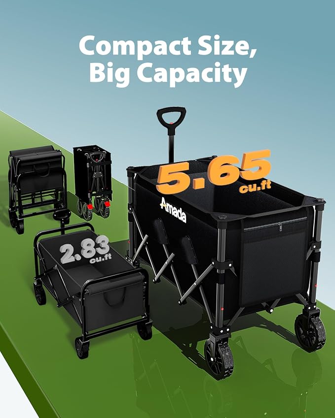 Collapsible Wagon Cart, Foldable Lightweight Wagon Folding Carts with Wheels - Outdoor Utility Carts with 360LBS Max Load for Grocery, Camping, Shopping, Sports, Garden，Beach