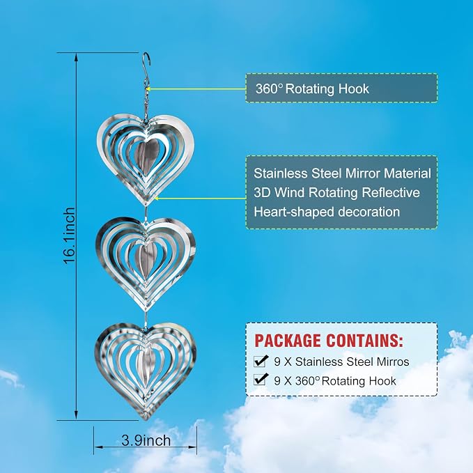 9 Pack Heart Shaped Mirror Reflective Hanging Wind Spinners, Stainless Steel 360° Swivel Decorative Discs, Weather Resistant Outdoor Ornaments for Yard, Patio, Balcony & Garden