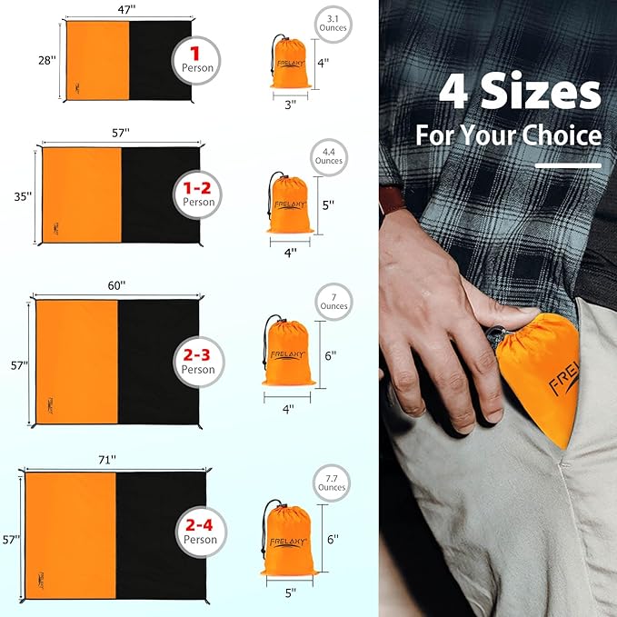 Frelaxy Pocket Picnic Blanket, Waterproof Sandproof Beach Mat, Compact Camping Tarp for Festivals, Hiking, Travel, Outdoor Recreation (Orange, 57'' x 60'')