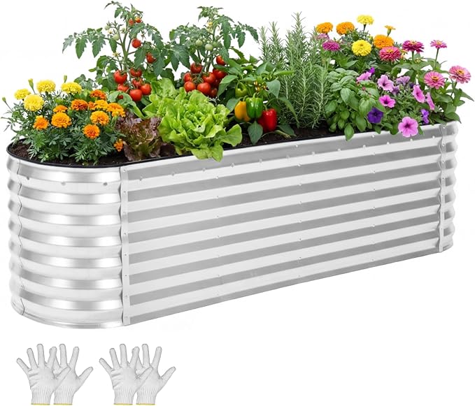 YITAHOME 8x2x2ft Galvanized Oval Raised Garden Bed, Metal Planter Box with Safety Rubber, Gloves, Outdoor Flower Bed for Planting Plants Vegetables, Silver