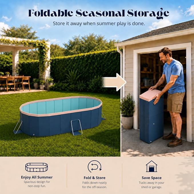 6 ft Foldable Non-Inflatable Swimming Pool, 72.04 x 54.33 x 17.71 in, Blue PVC Backyard Pool with Aluminum Alloy Triangle Supports for 1 Adult and 1 Child