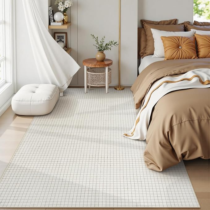 STARUIA Washable Rugs for Living Room, 5x7 Plaid Beige Area Rugs Non Slip Modern Neutral Geometric Bedroom Rug, Low Pile Soft Checkered Grid Carpet for Dining Room Nursery Home Office (Beige,5'x7')