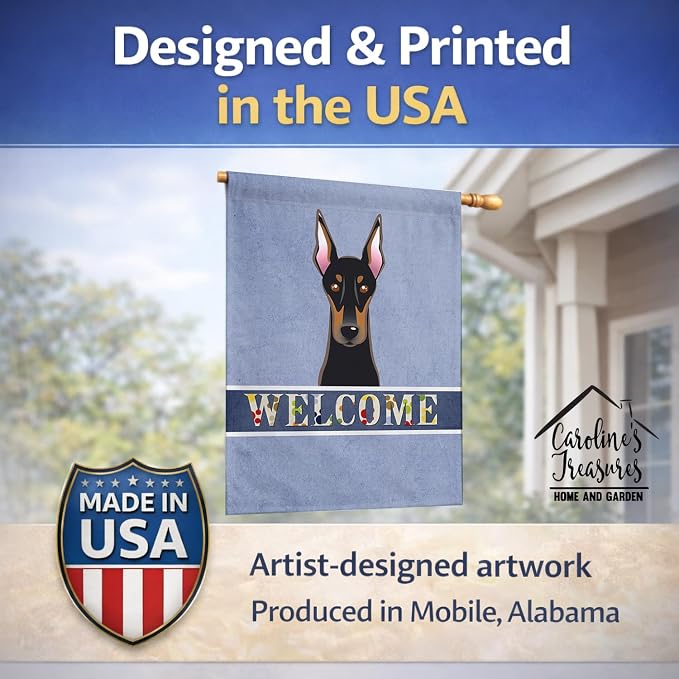 Caroline's Treasures BB1431CHF Doberman Welcome House Flag, Blue Large Porch Sleeve Pole Decorative Outside Yard Banner Artwork Wall Hanging, Polyester, House Size, Multicolor