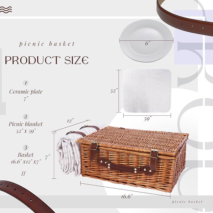 Picnic Baskets Wicker Willow Picnic Set for 4 Persons with Insulated Cooler Bag and White Floral Waterproof Picnic Blanket Gift for Christmas Thanksgiving Wedding Birthday Camp Outdoor Beach Travel