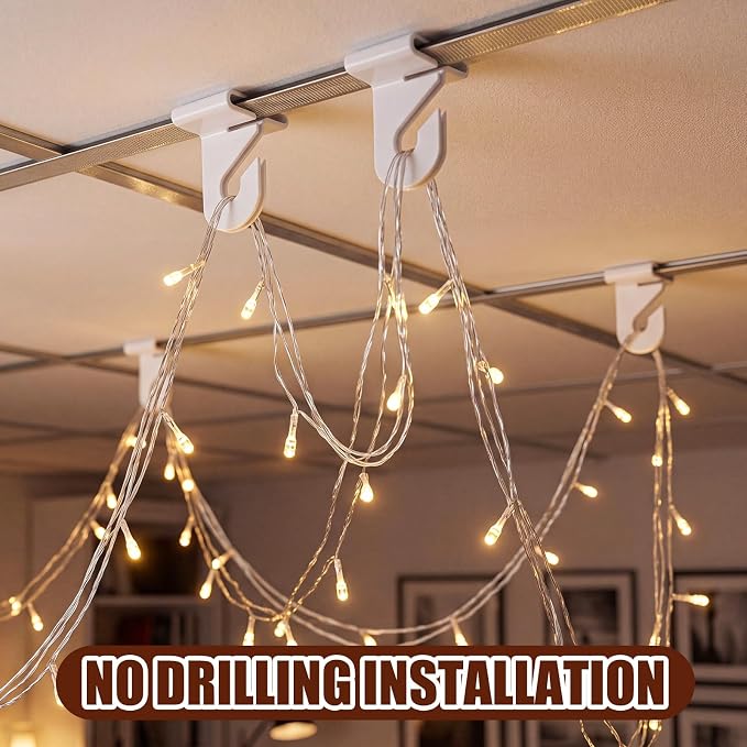 Leinuosen 120 Pcs Drop Ceiling Hooks Bulk 60 Right and Left Ceiling Hook for Hanging 60 Metal Ceilings Hook Clips White Heavy Duty T-bar Clips for Hanging Plant Suspended Drop Ceilings Tile Decoration