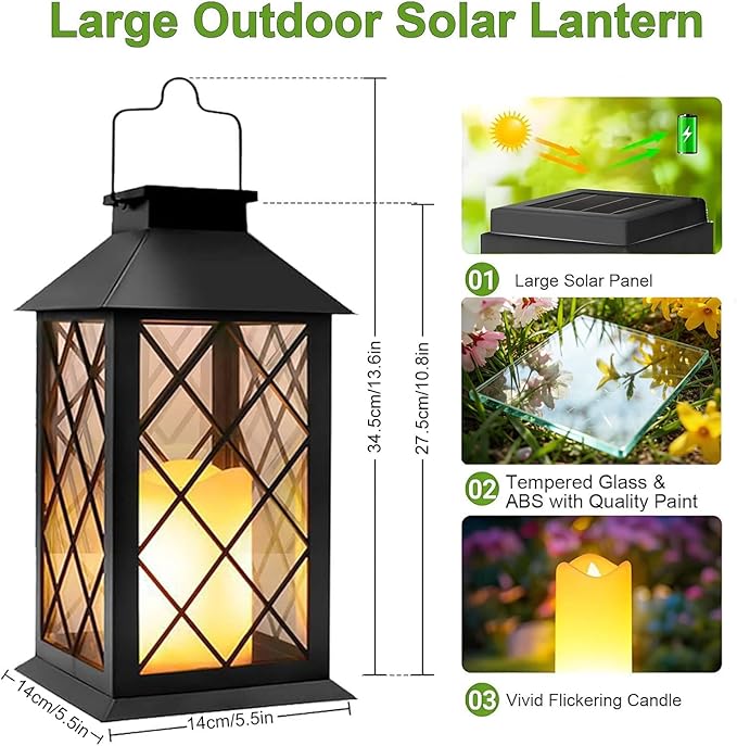 Yowin Solar Lanterns Outdoor Waterproof 14" Large Tempered Glass Solar Hanging Lantern for Outside with Flickering Candle, Mother's Gift Ideas, Wall Lamps for Garden Patio Vintage Decorations - Black