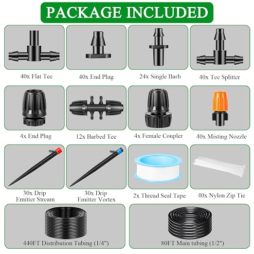 520FT Drip Irrigation System Kit, Automatic Drip Irrigation Kit with 1/2 inch Hose 1/4 inch Distribution Tubing and Accessories for Greenhouse, Yard, Lawn