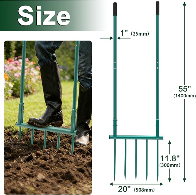 Broad Fork Garden Tool - 5 Tines Heavy Duty Broadfork for Digging, Cultivating & Loosening Soil, Ergonomic U-Shaped Design Hand Tiller for Gardening & Farming