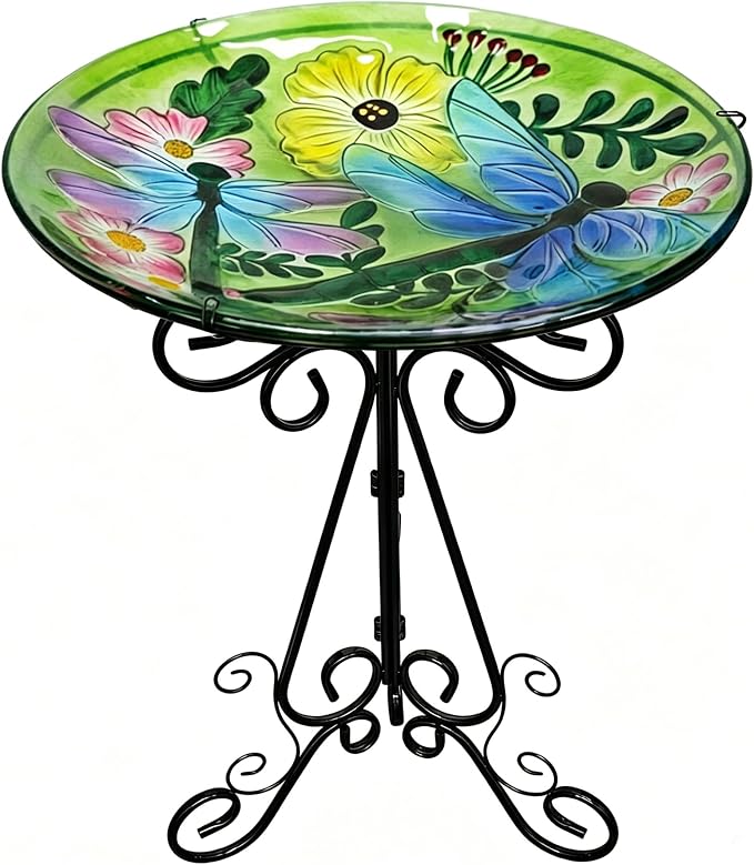 Large Bird Bath for Outside, Glass Bath Bowl with Metal Stand 28" H Standing Outdoor Birdbaths for Garden Yard Lawn Decor, Dragonfly-New