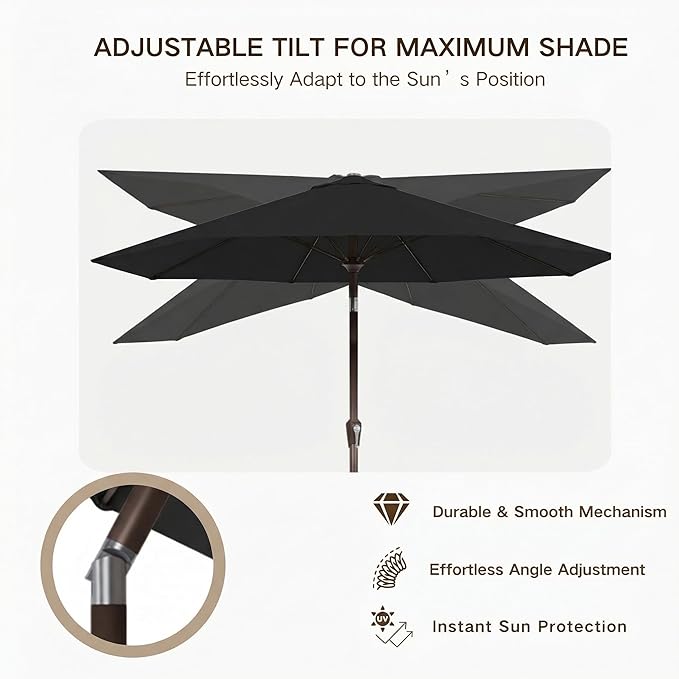 Kingdura 9FT Outdoor Patio Umbrella, Round Market Table Umbrella with Push‑Button Tilt and Crank Lift, 8 Sturdy Metal Ribs, UV50+ Protection Canopy for Backyard, Lawn, Deck, Poolside, Garden (Black)