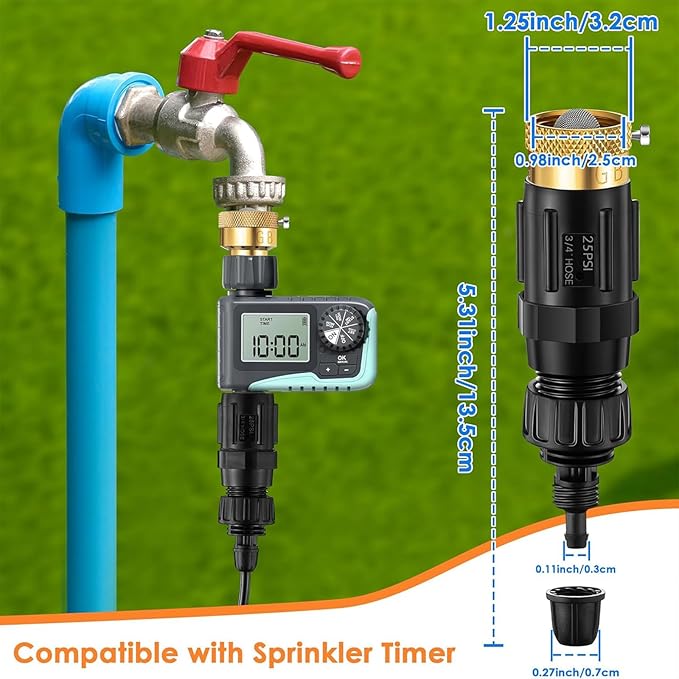 Drip Irrigation Faucet Adapter 25 PSI, 1/4" Tubing Quick Connect to 3/4" Garden Hose with Backflow Preventer, Filter, Tape, Pressure Regulator, Copper Drip Irrigation System Fittings (8 Pack)