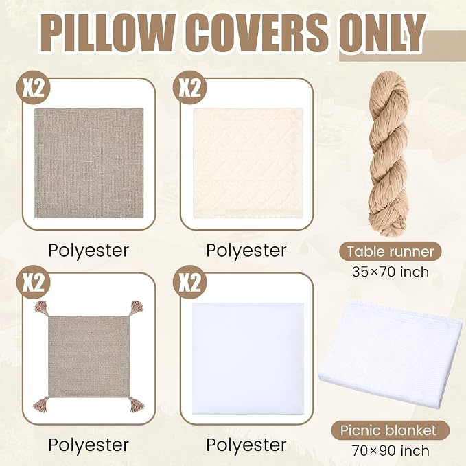 Yuntau Large Outdoor Boho Picnic Blanket with Table Runner 8 Pink White Red Pillows Covers No Pillow Summer Picnic Decor for Camp Birthday Party Bridal Shower Outdoor Backyard Garden(Khaki)