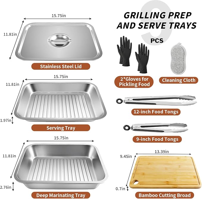 ENLOY 9-in-1 Grilling Prep and Serve Trays Set, Stainless Steel Large Capacity Food Prep Tray, Marinade Container with Lid and Cutting Board & 2 Food Tongs, Cleaning Cloth & 2 Gloves for Pickling Food