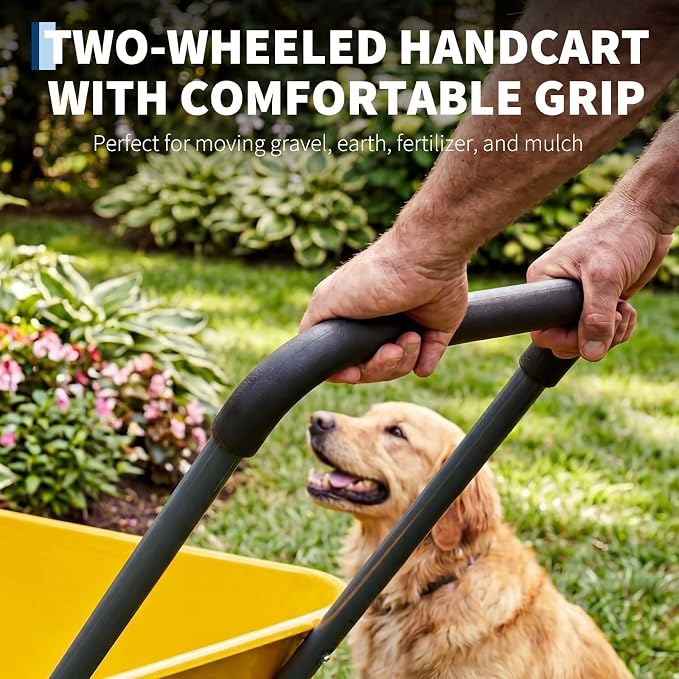Garvee Wheelbarrow Garden Cart, Heavy Duty Home Utility, Dual-Wheel Home Garden Yard Utility Wheelbarrow Cart with Built-in Stand, (Yellow)