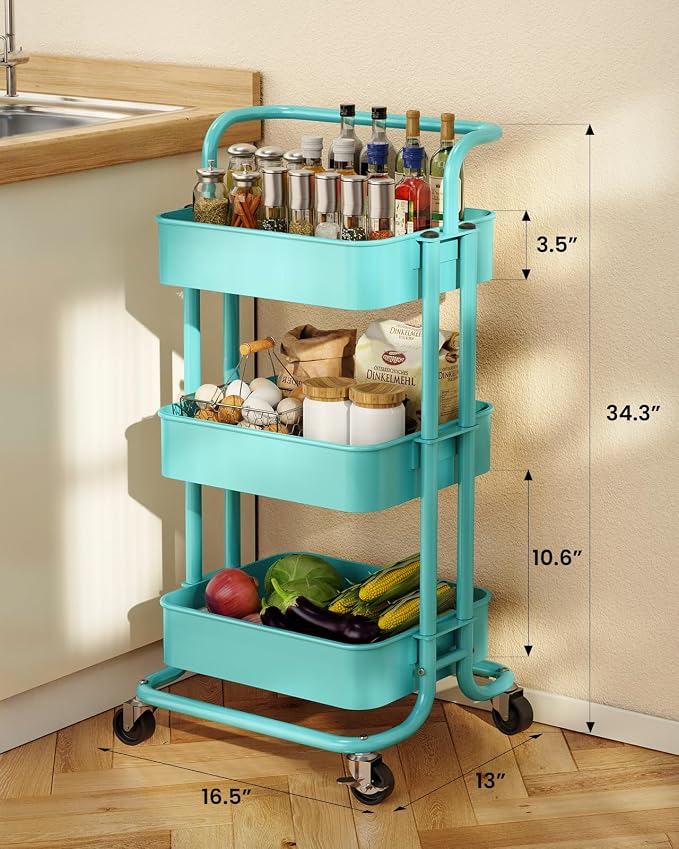 Pipishell 3 Tier Rolling Cart, Metal Utility Cart with Wheels and Handle, Rolling Storage Cart for Nursery Room, Living Room, Painting Room, Office and Kitchen, Turquoise
