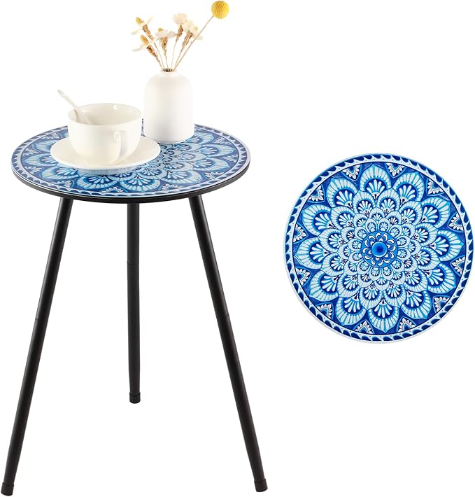 1 Pack Metal Mosaic Round Side Tables 13.4" Small Outdoor Patio Round Accent Coffee Tables Indoor Corner Stand for Small Spaces Weather-Resistant for Balcony, Porch Plant Stands Indoor, Light Blue