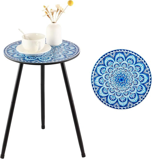 1 Pack Metal Mosaic Round Side Tables 13.4" Small Outdoor Patio Round Accent Coffee Tables Indoor Corner Stand for Small Spaces Weather-Resistant for Balcony, Porch Plant Stands Indoor, Light Blue