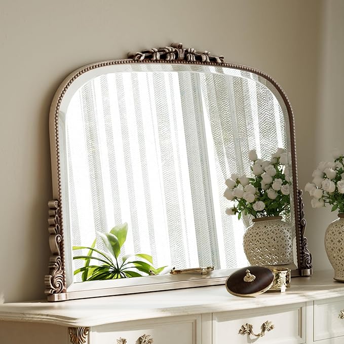 Wall Beaded Mirror, 36 x 27 Inch Round Top Right Angle Wall Mirror, Tempered Glass, Rust Resistant, Horizontally or Vertically Hanging, Silver | Bathroom Vanity Makeup Mirror, as Wall Decor Hanging Leaning for Fireplace Mantle, Living Room, Bedroom, Va...