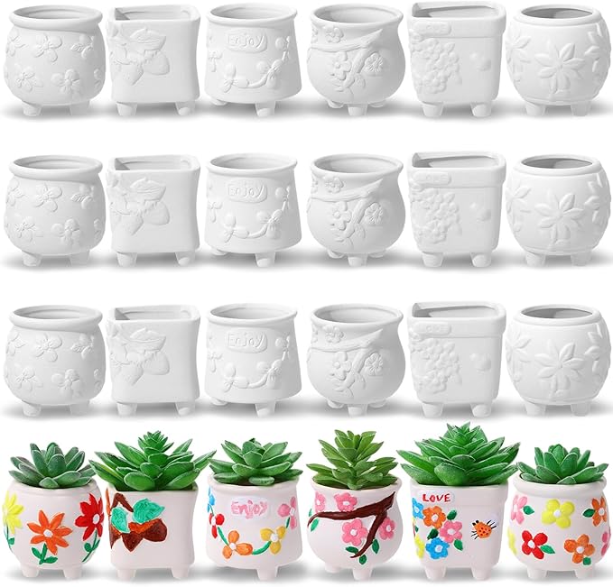 Leitee 24 Pcs Paint Your Own Ceramic Pot Bulk 2.76 in, Ready to Paint Small Pot Mini Succulent Planters Pottery Painting for Summer Classroom Craft Gift DIY Art Activity (Lovely Flowers)