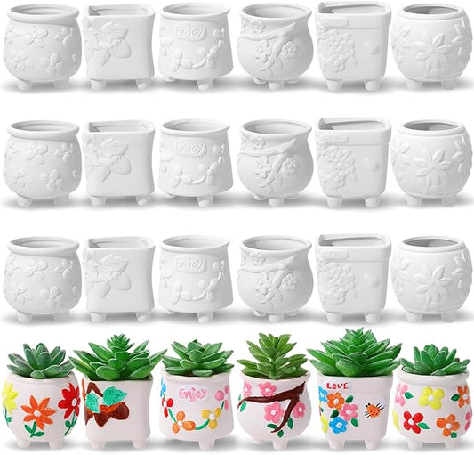 Leitee 24 Pcs Paint Your Own Ceramic Pot Bulk 2.76 in, Ready to Paint Small Pot Mini Succulent Planters Pottery Painting for Summer Classroom Craft Gift DIY Art Activity (Lovely Flowers)