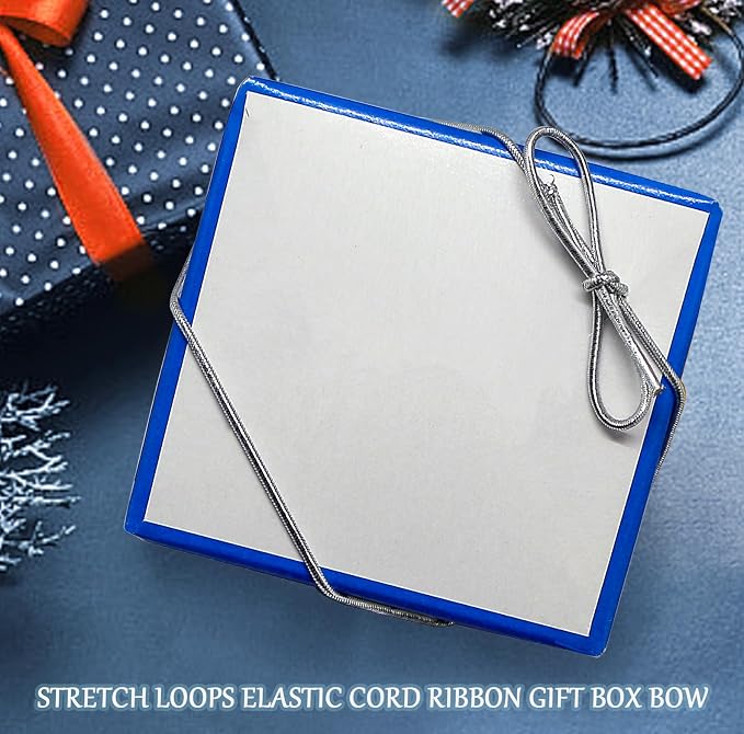 FQTANJU Silver Elastic Cord with Pre-Tied Bows - 200 Pcs 10 Inch Metallic Stretch Loops for Gift Wrapping, Crafts, Gift Boxes, Tags | Strong Metallic Ribbon String for DIY, Holiday, Party Decor