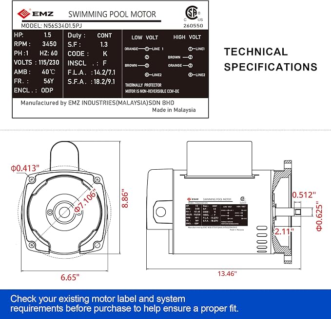 1.5 HP Single Speed Pool Pump Replacement Motor, Compatible with A.O. Smith Century B2854 B854, 115/230V, 3450 RPM, 56Y Square Flange, ODP, 1.3 Service Factor