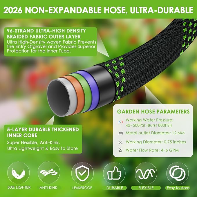 Garden Hose 150 ft, Non-Expandable Ultra-Lightweight Flexible Hose with 360° Dual-End Anti-Kink Design, 10-Pattern Spray Nozzle, 500 PSI Leak-Proof, 96-Strand Braided Fabric, Storage Strap