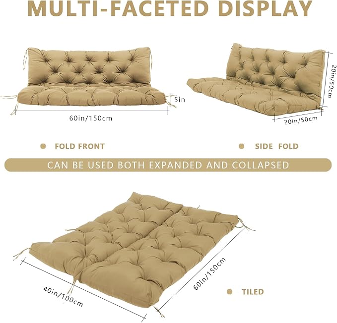 Durable Extra 5" Thick Outdoor Swing Cushions Waterproof 60 inch 3 Seater Replacement Porch Swing Cushions with Backrest Fade-Resistant for Outdoor Patio Long Bench Furniture (Khaki)