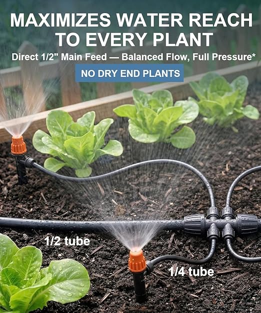 1/2" Drip Irrigation System Kit with 40 Adjustable Nozzles, PE UV-Resistant | All Quick-connect, 2X Lifespan of PVC, Easy Connect, 40FT 1/2" Main tube+ 197FT 1/4" Tube, 4 Nozzle Types