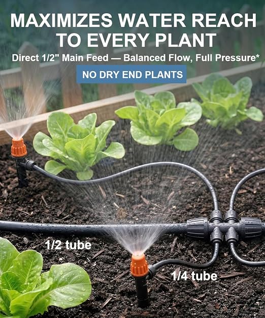 1/2" Drip Irrigation System Kit with 40 Adjustable Nozzles, PE UV-Resistant | Quick-connect, 2X Lifespan of PVC , Leak-Proof for Indoor Pots, 40FT 1/2" Main tube+ 197FT 1/4" Tube, 4 Nozzle Types