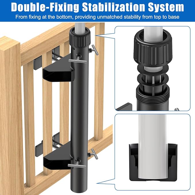 KingDolly No Drilling Deck Umbrella Mount, Heavy Duty Deck Railing Umbrella Holder with Space-Saving, Adjustable Patio Umbrella Holder for Deck Railing, Clamp on Umbrella Mount Fits 1''-1.9'' Poles