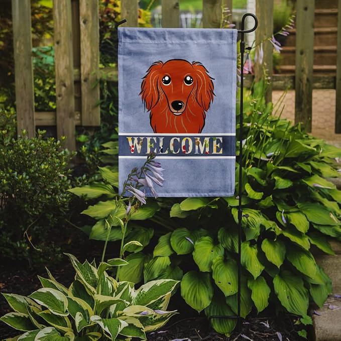 Caroline's Treasures BB1400GF Longhair Red Dachshund Welcome Garden Flag, Blue Mailbox Flag Decorative Yard Flag Banner Outside Patio Artwork Yard Flower Beds, Garden Size, Multicolor