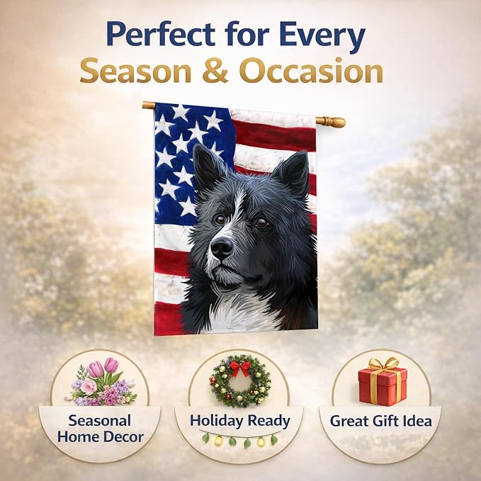 Caroline's Treasures CK6586CHF Karelian Bear Dog American Flag House Flag Large Porch Sleeve Pole Decorative Outside Yard Banner Artwork Wall Hanging, Polyester, House Size, Multicolor