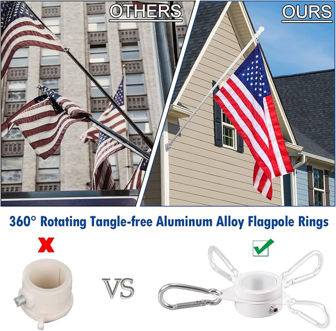 BONWIN White Flag Pole Kit for Outside House, 6FT Thickened Stainless Steel Wall Mount Flag Pole for 3x5'/ 4x6' Flag, 1" Anti-Wrap Spinning Flag Ring Clips & 2-Position Bracket Holder for Porch Yard