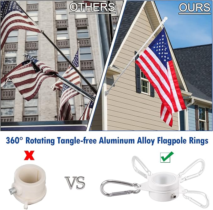 BONWIN White Flag Pole Kit for House, 5FT Thickened Stainless Steel Outside Wall Mount Flagpole for 3x5' Flag, 1" Tangle Free Rotating Flag Pole Rings & 2-Position Bracket Holder for Porch Residential