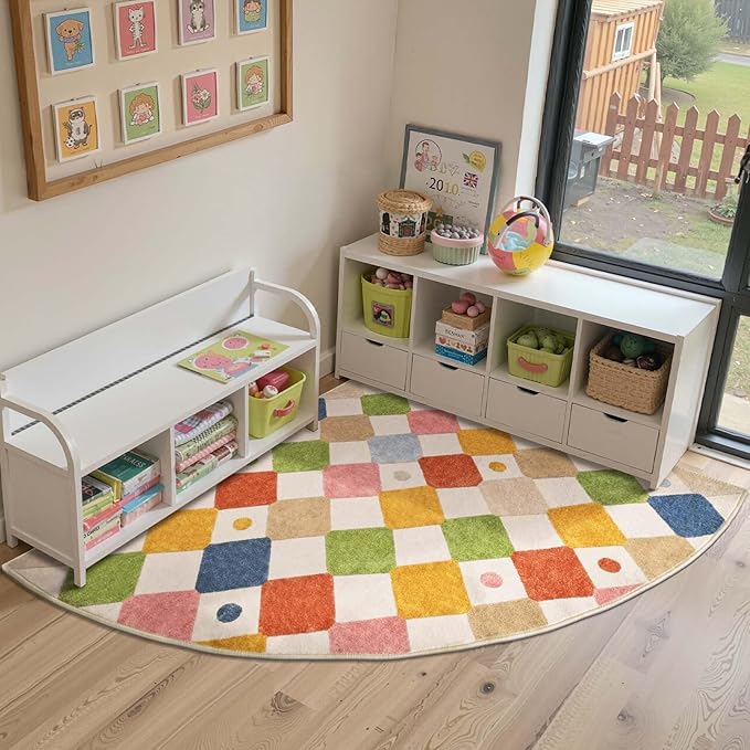 jinchan Corner Rug Washable Kids Rug Colorful Classroom Reading Nook Mat | 5ft Radius, Soft, Non-Slip, Kid-Friendly, Checkered Diamond, Quarter Circle, Calming Corner, Nursery, Playroom, Daycare