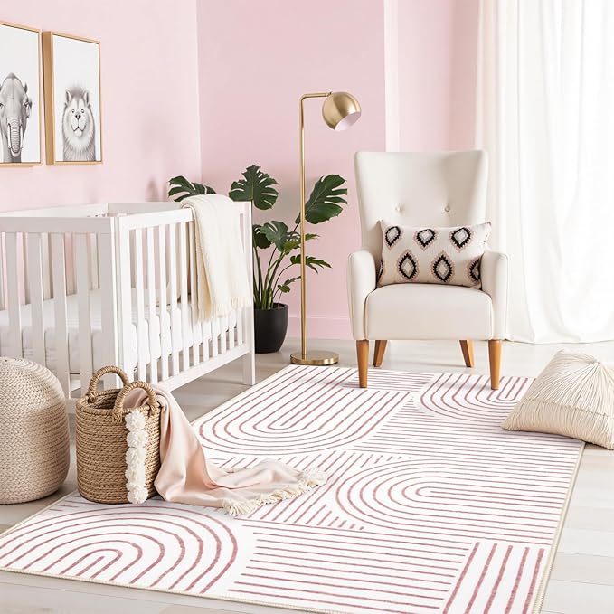 Lahome Abstract 4x6 Pink Rug for Bedroom Nursery, Pink Soft Washable Rugs