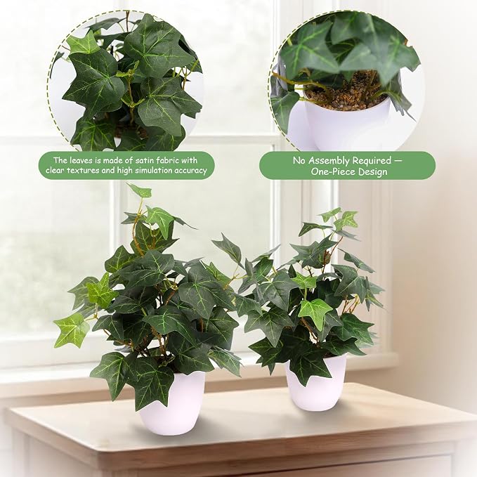 alyptus Fake English Ivy Plants in Pots Set of 2 – Realistic Artificial Ivy Greenery for Home Decor, Tabletop, Office, Shelf, Balcony or Bathroom - Green with White Pots