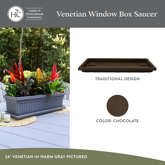 The HC Companies Venetian Rectangular Plant Tray - Lightweight Plastic Plant Saucers - Plant Drip Trays for Indoor & Outdoor Use (29.5”, Chocolate, Pack of 1)
