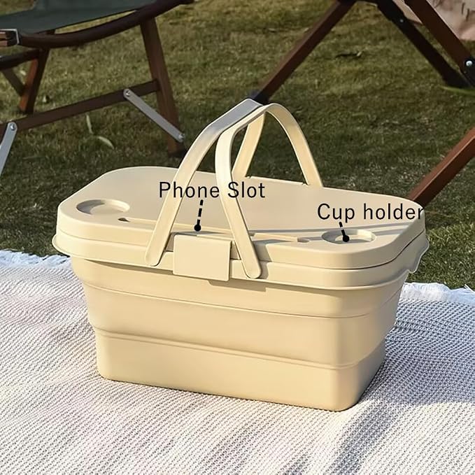 PicnicPro 2-in-1 Foldable Basket & Table Lightweight Collapsible Storage Organizer with Carrying Handle, Portable Picnic Basket with Tabletop, Space-Saving for Beach Camping Car Boot & Home