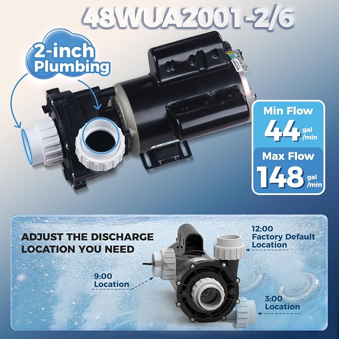 Hot Tub SPA Pump 2HP, 115V, 48 Frmae LX SPA Pump Motor, Energy Efficiency, Low Noise (Model: 48WUA2001-2/6)