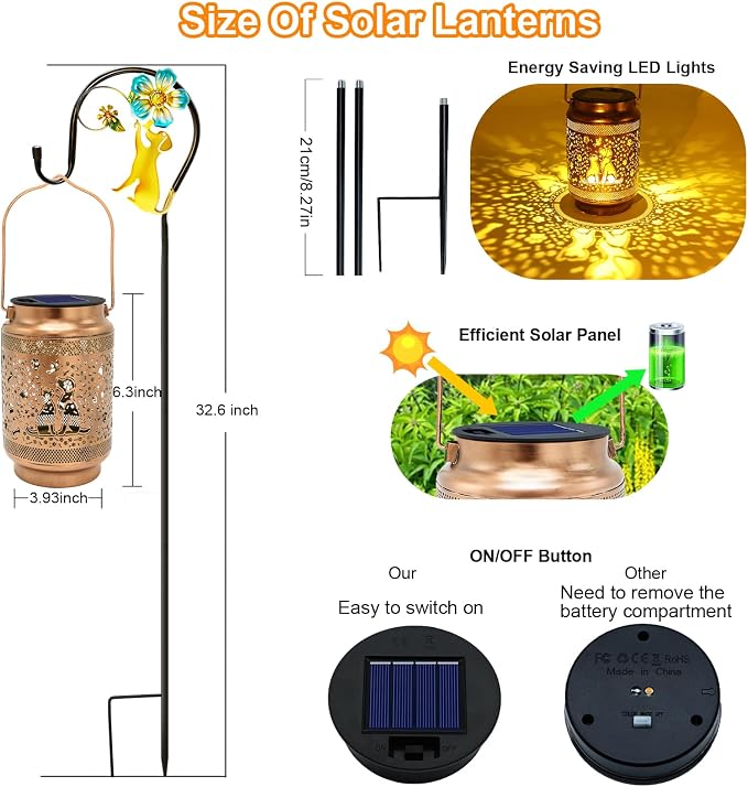 2 Pack Dog Solar Lanterns Outdoor Waterproof Solar Garden Decor, Birthday Gifts for Women Mom Grandma, Metal Hanging Lights with Shepherd Hook for Outside Yard Patio Pathway Backyard