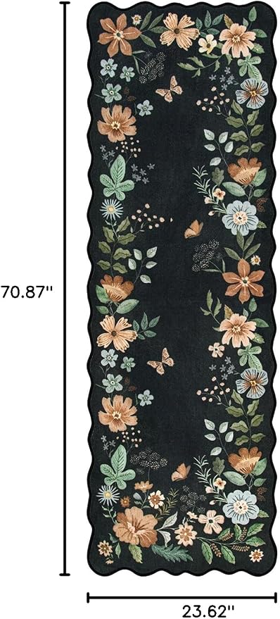 Lahome Floral Kitchen Runner, 2X6 Washable Runner Rug Non Slip Ultra-Thin, Soft Hallway Rug Stain Resistant Boho Small Low-Pile Carpet for ‎Laundry Bathroom Bedroom Flore (2x6ft,Black/Grey)